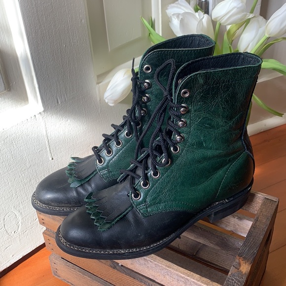 Vintage Shoes - Green and Black Vintage Fancy Leather Roper Boots
